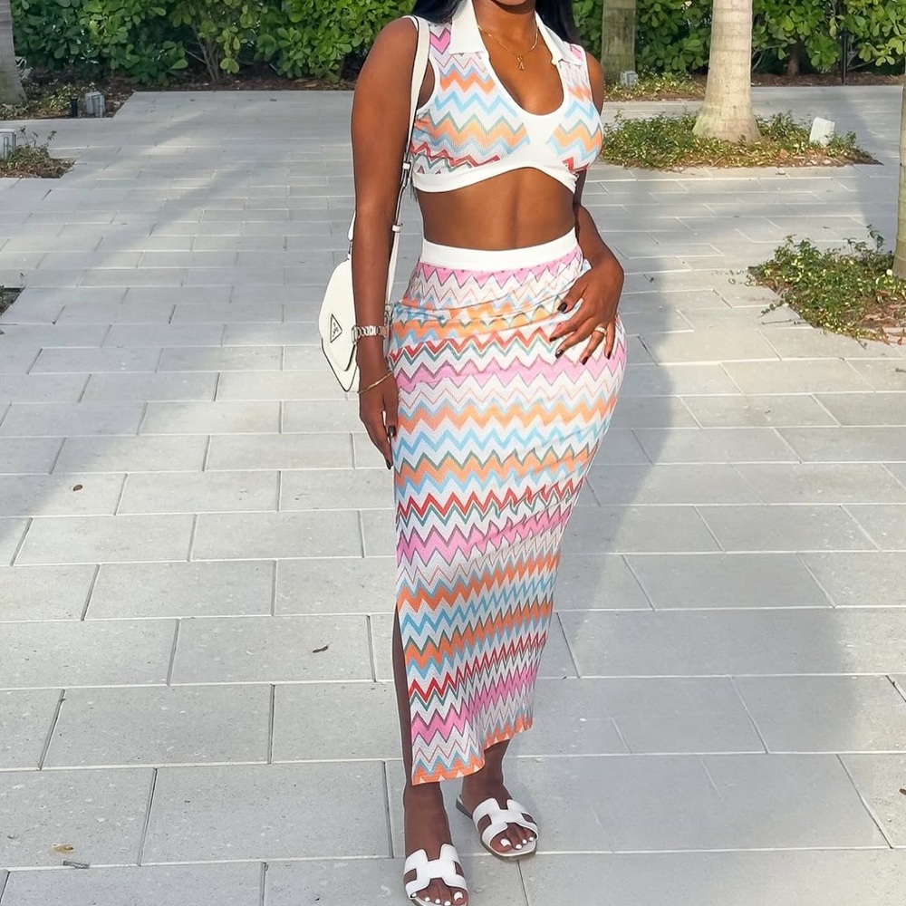 Chevron Midi Skirt Set in Pastel Multi